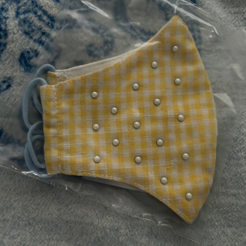 Nwt Lele Sadoughi Yellow Gingham Pearl Embellished Face Mask
